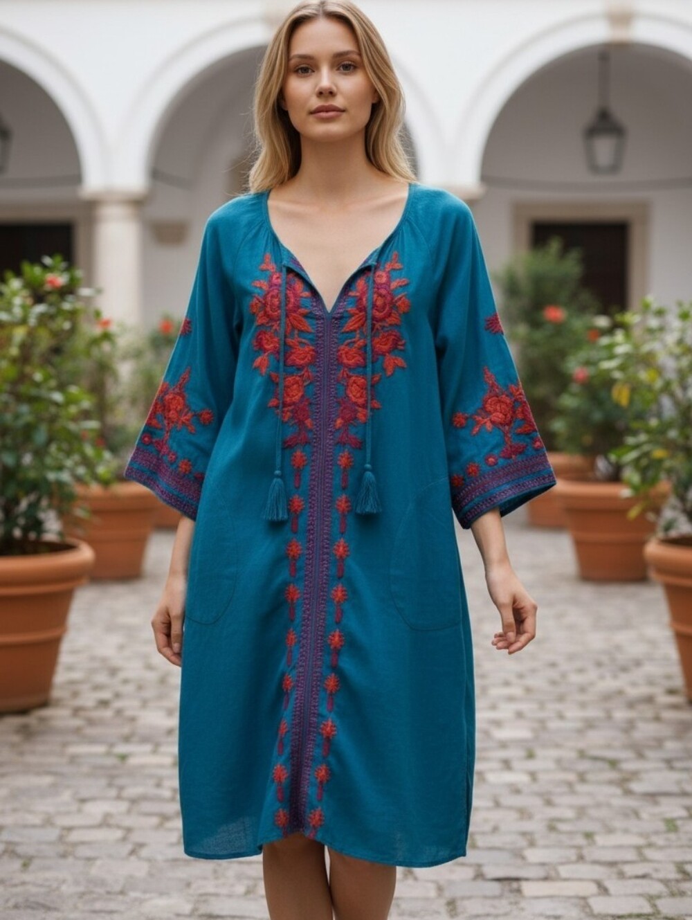 Soft Surroundings Women's X-Small Teal Blue Embroidered Tunic Dress NWOT